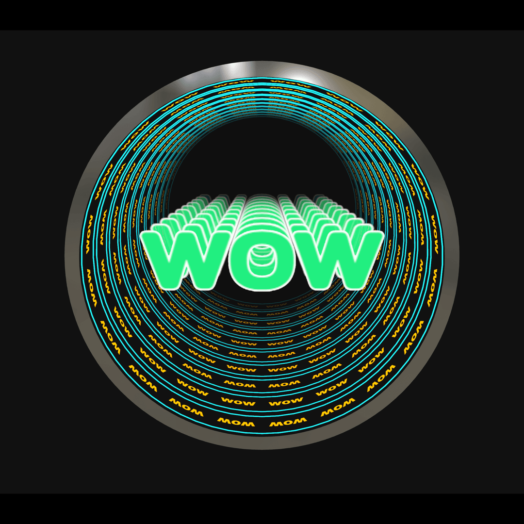 Design Your Custom Infinity Mirror features a tunnel of WOW text leading to a glowing green WOW on a black background.