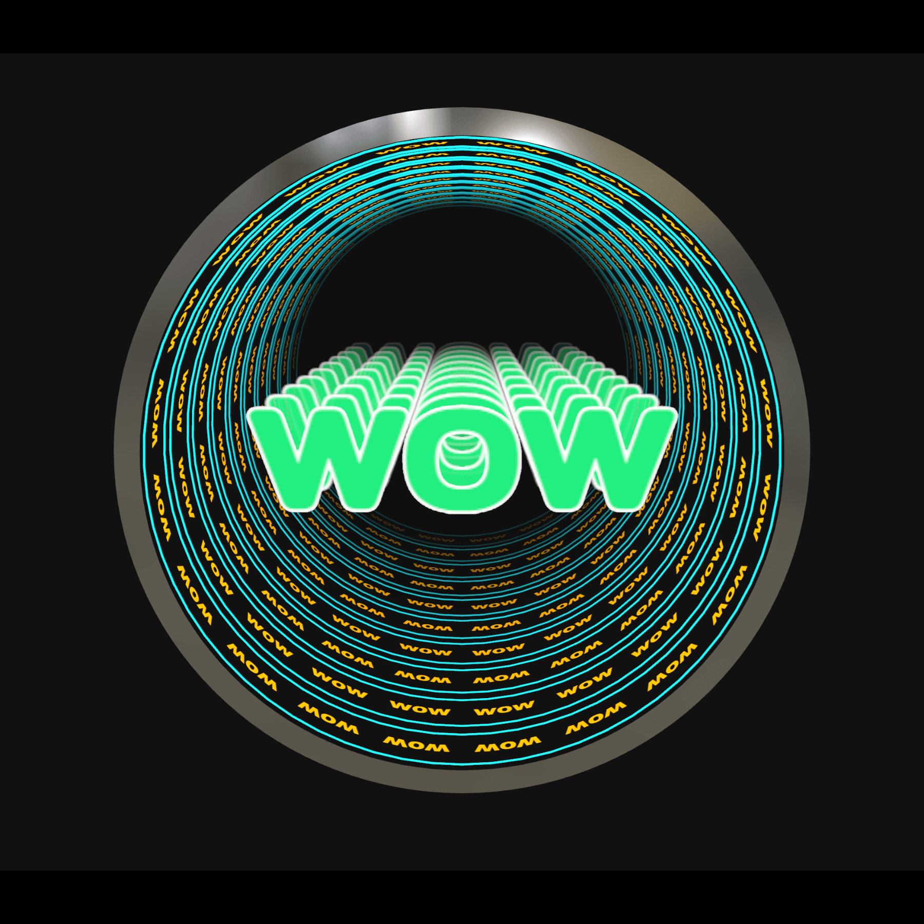 Design Your Custom Infinity Mirror features a tunnel of WOW text leading to a glowing green WOW on a black background.