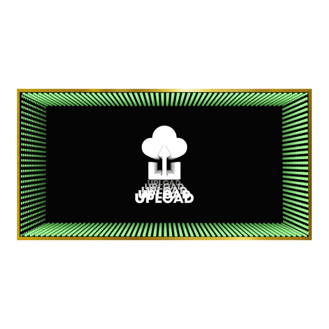 Design Your Custom Infinity Mirror: Cloud upload icon with neon green light, upward arrow, and landscape frame on black.
