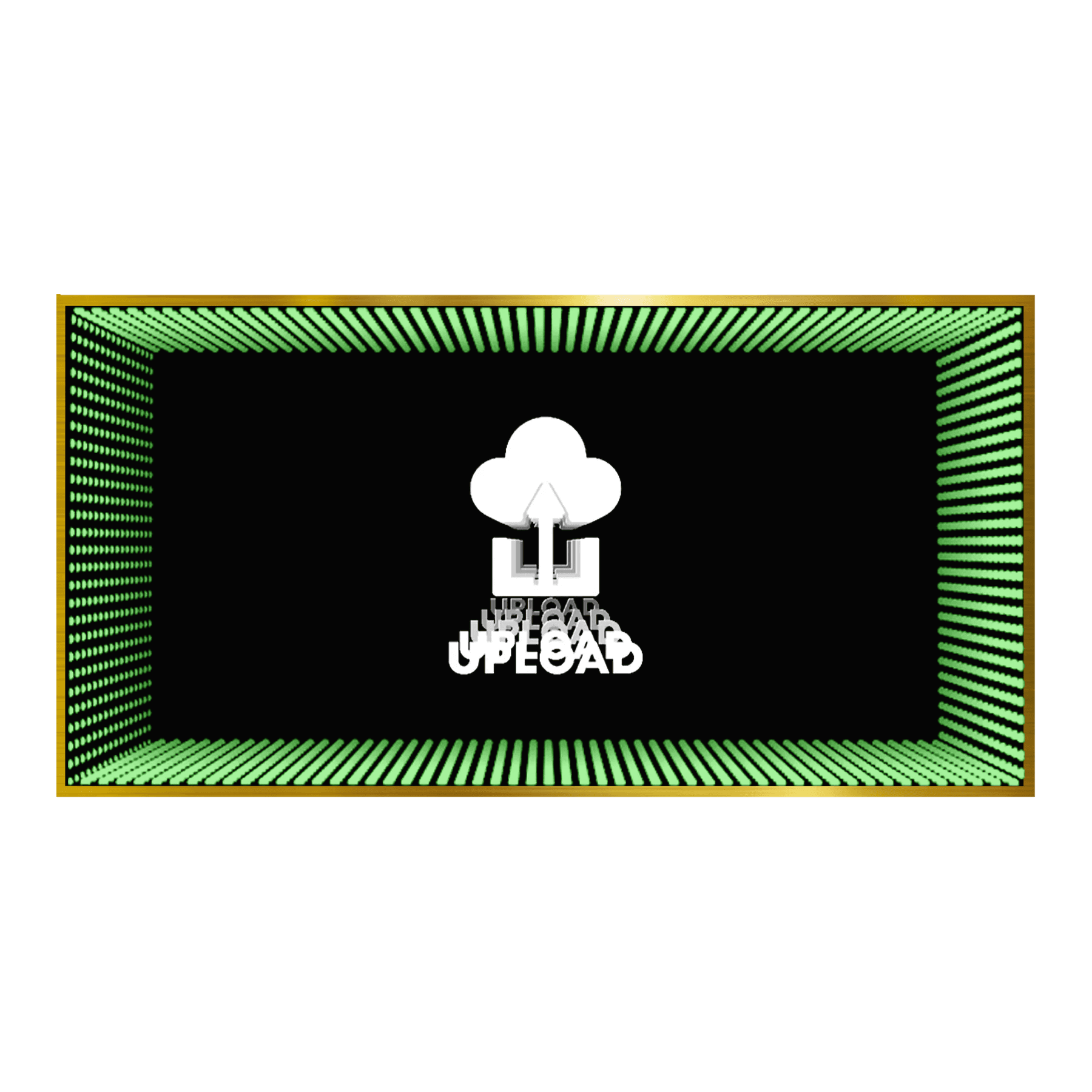 Design Your Custom Infinity Mirror: Cloud upload icon with neon green light, upward arrow, and landscape frame on black.