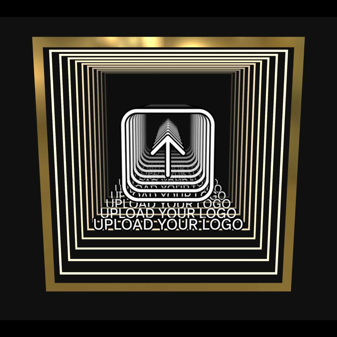 A stylized upload icon with a gold square frame above "Design Your Custom Infinity Mirror In 3D" text.