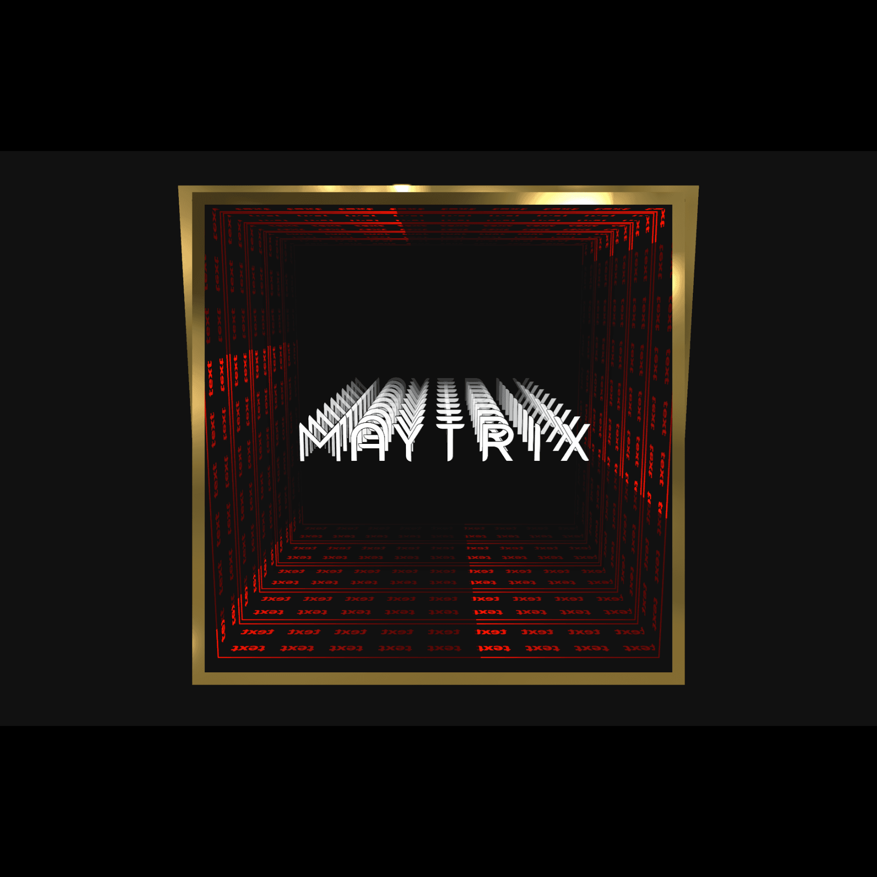 Design Your Custom Infinity Mirror: 3D tunnel with red grids, white MAYTRIX, gold border, RGB lighting on black.
