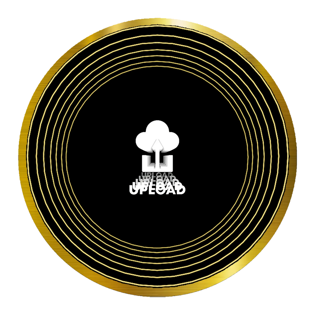 A black circular upload logo with gold rings and a white cloud for the Design Your Custom Infinity Mirror.