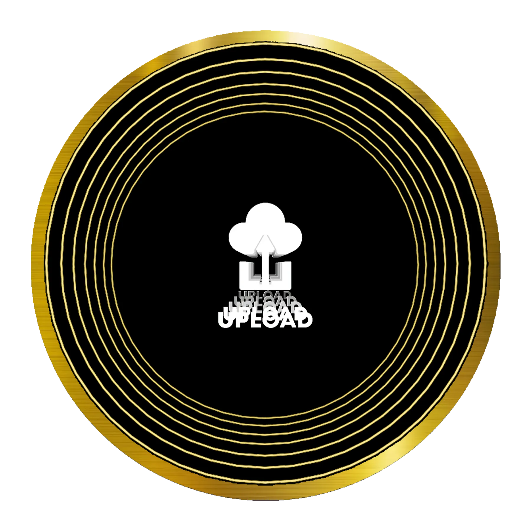 A black circular upload logo with gold rings and a white cloud for the Design Your Custom Infinity Mirror.