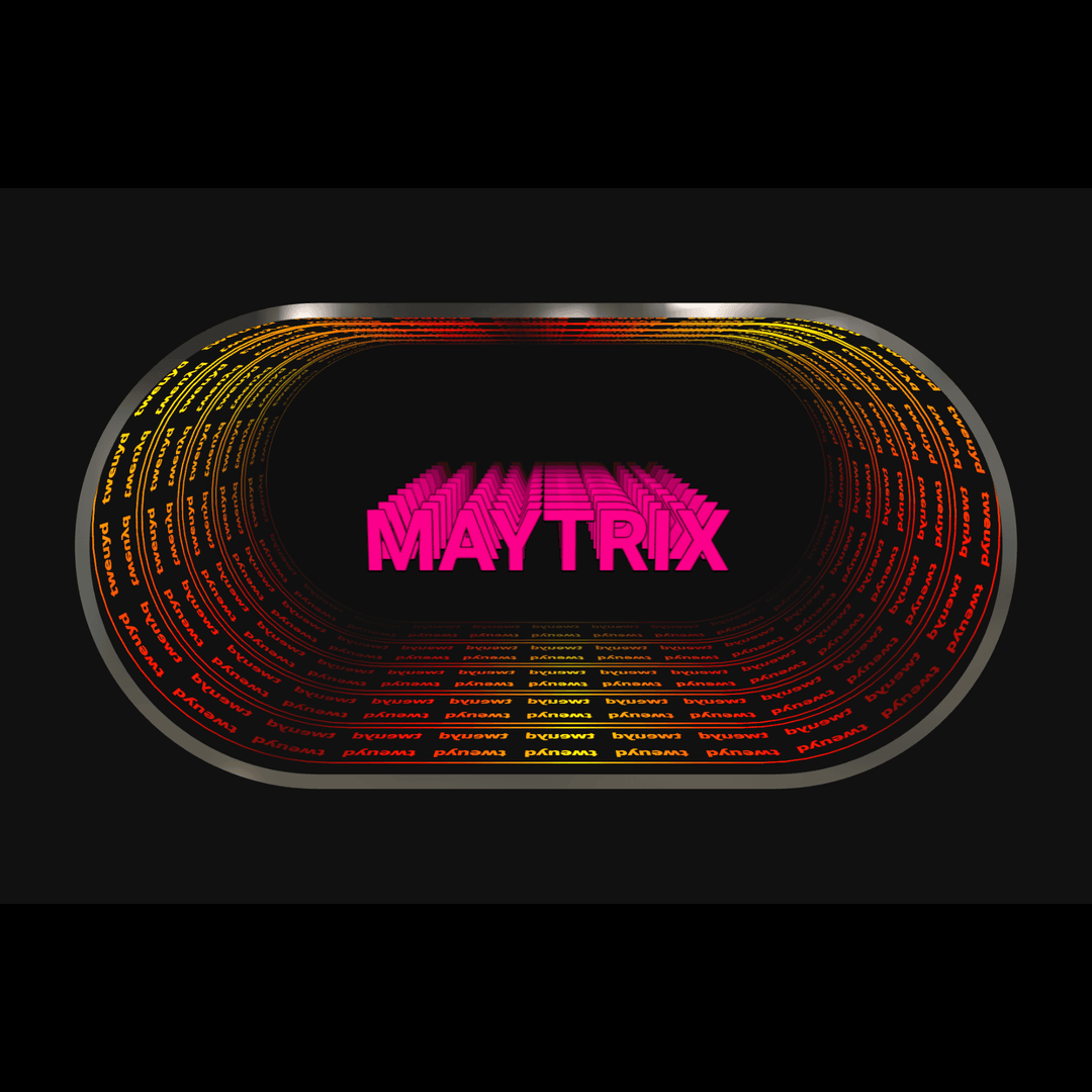 Neon pink MAYTRIX text glows in a custom infinity mirror with red, orange, yellow words on black.