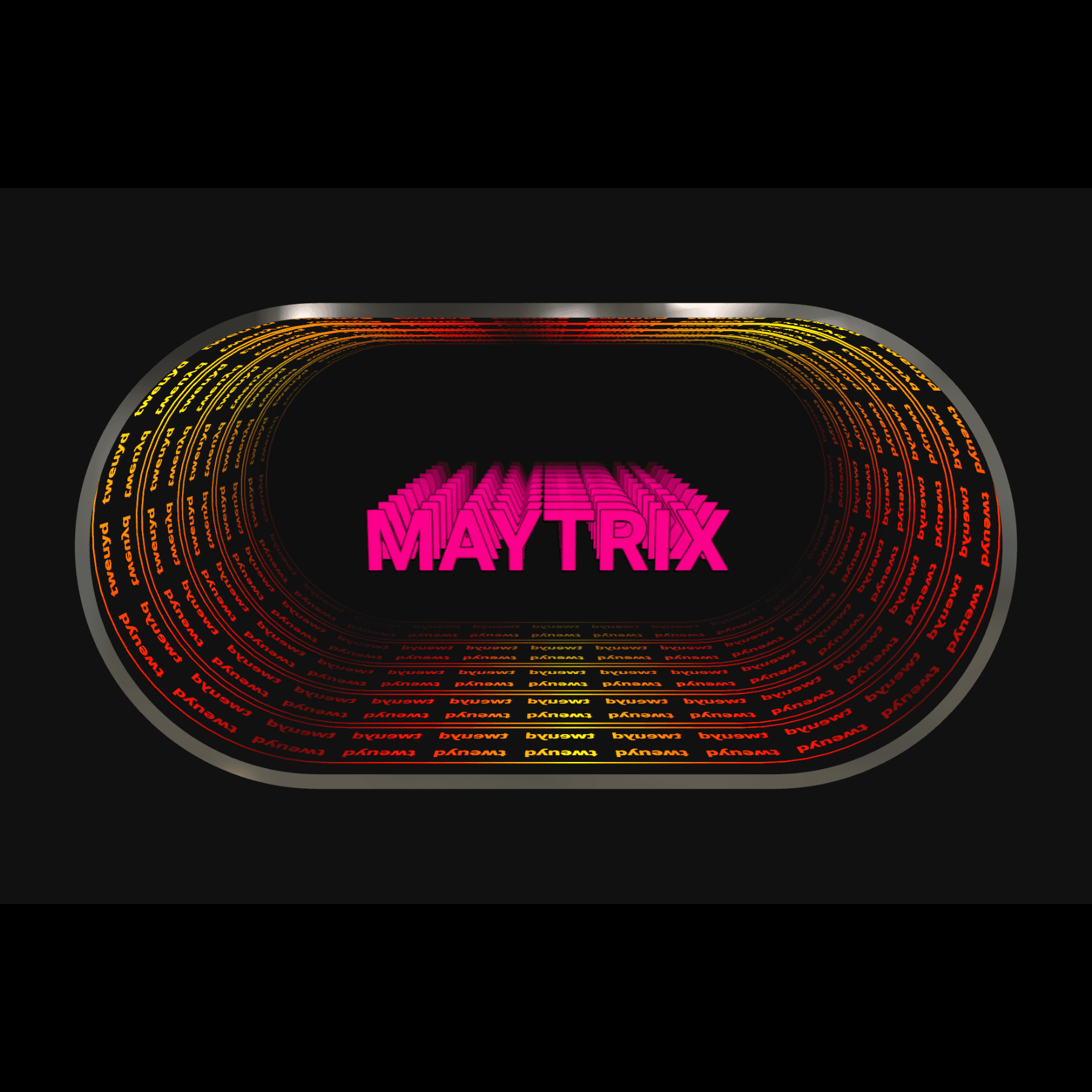 Neon pink MAYTRIX text glows in a custom infinity mirror with red, orange, yellow words on black.