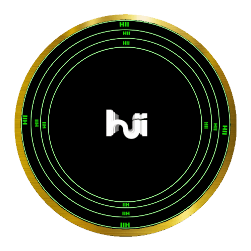 A black circle with gold and green rings, "hii" in white LED text, on a gray Design Your Custom Infinity Mirror background.