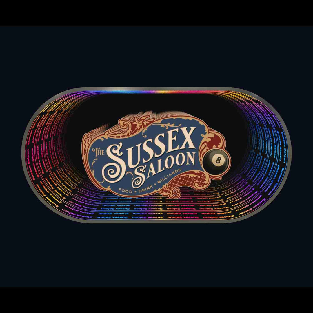YOUR LOGO, IN INFINITY: Ornate Sussex Saloon logo with 8-ball, rainbow pattern, and custom infinity mirror sign.