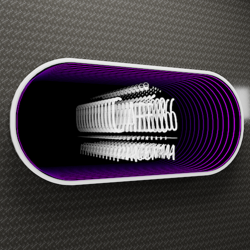 A Custom Order: An oval tunnel with glowing purple rings, white spirals, and a metallic infinity mirror look.
