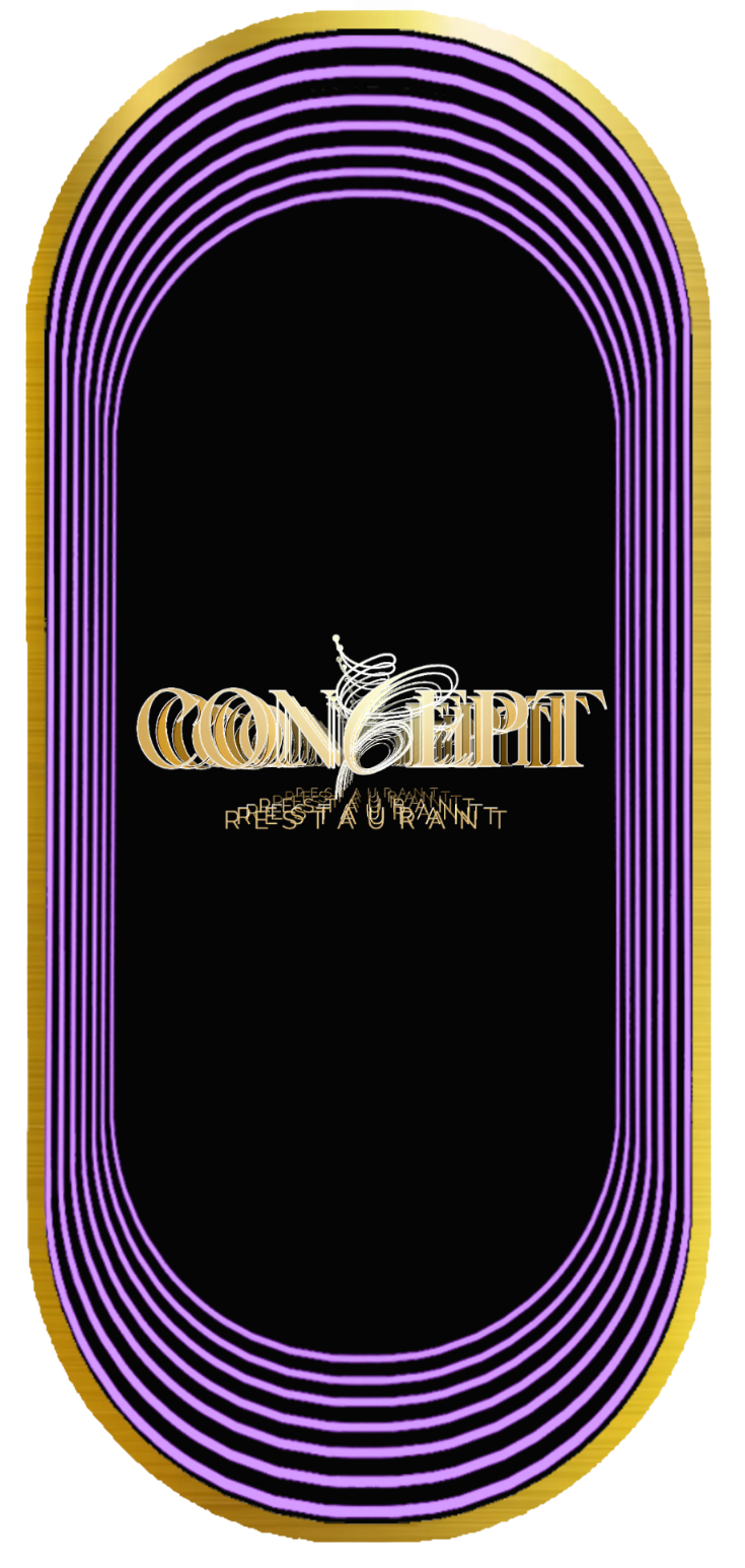 Custom order: (Copy) CR—black oval with gold edges, purple lines, and gold CONCEPT RESTAURANT in infinity mirror style.