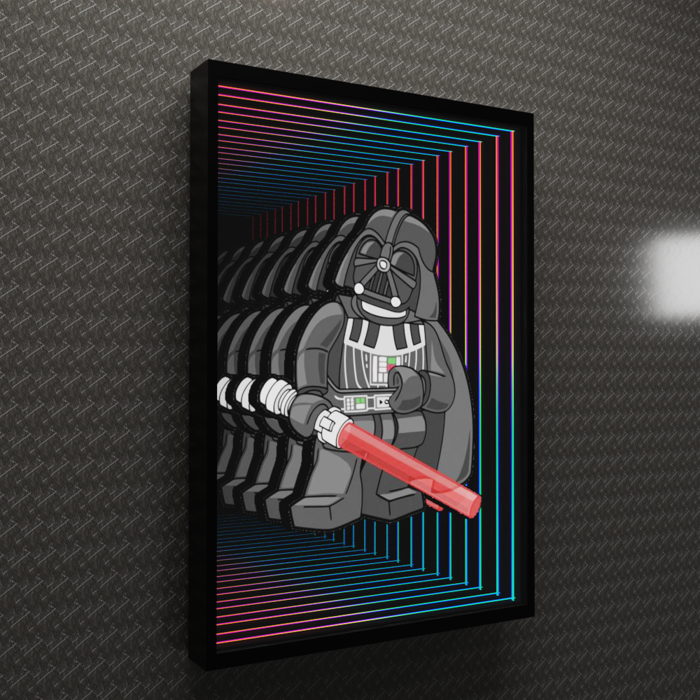 Custom Order: Framed Lego Darth Vader with red lightsaber, set in an infinity mirror-style tunnel background.