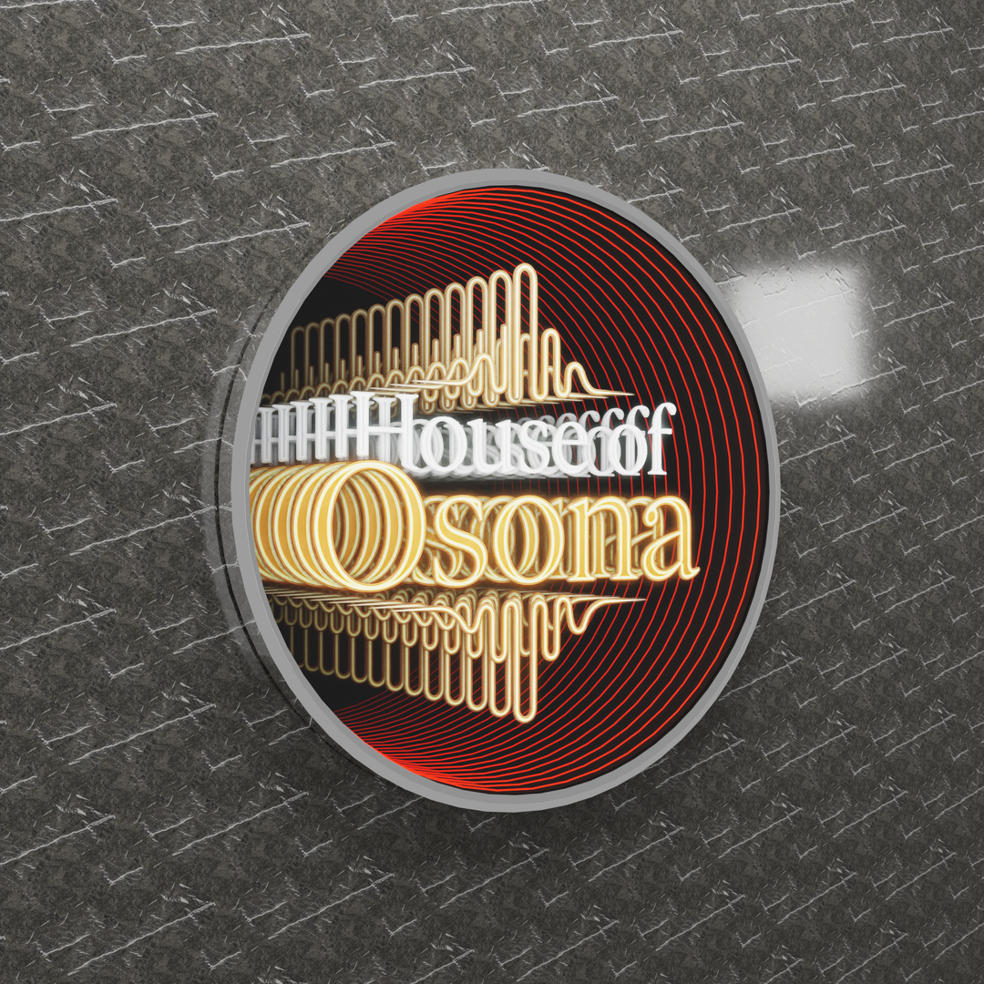 A round Custom Order sign displays "House of Qsona" in bright, stylized text on a textured wall.