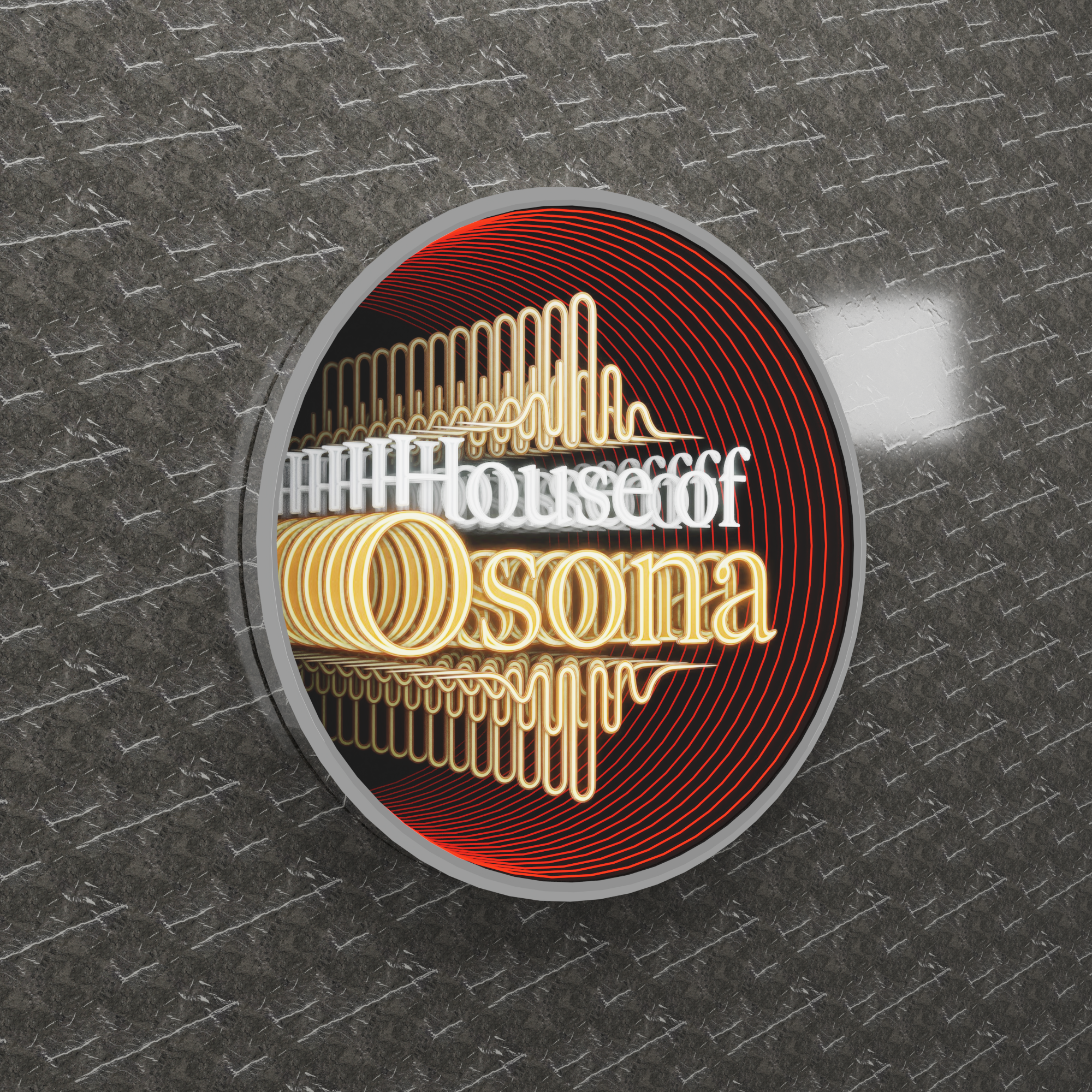 A round Custom Order sign displays "House of Qsona" in bright, stylized text on a textured wall.