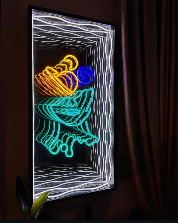 Neon art of two abstract figures embracing, reflected in a Custom Logo Infinity Mirror with glowing white lines.