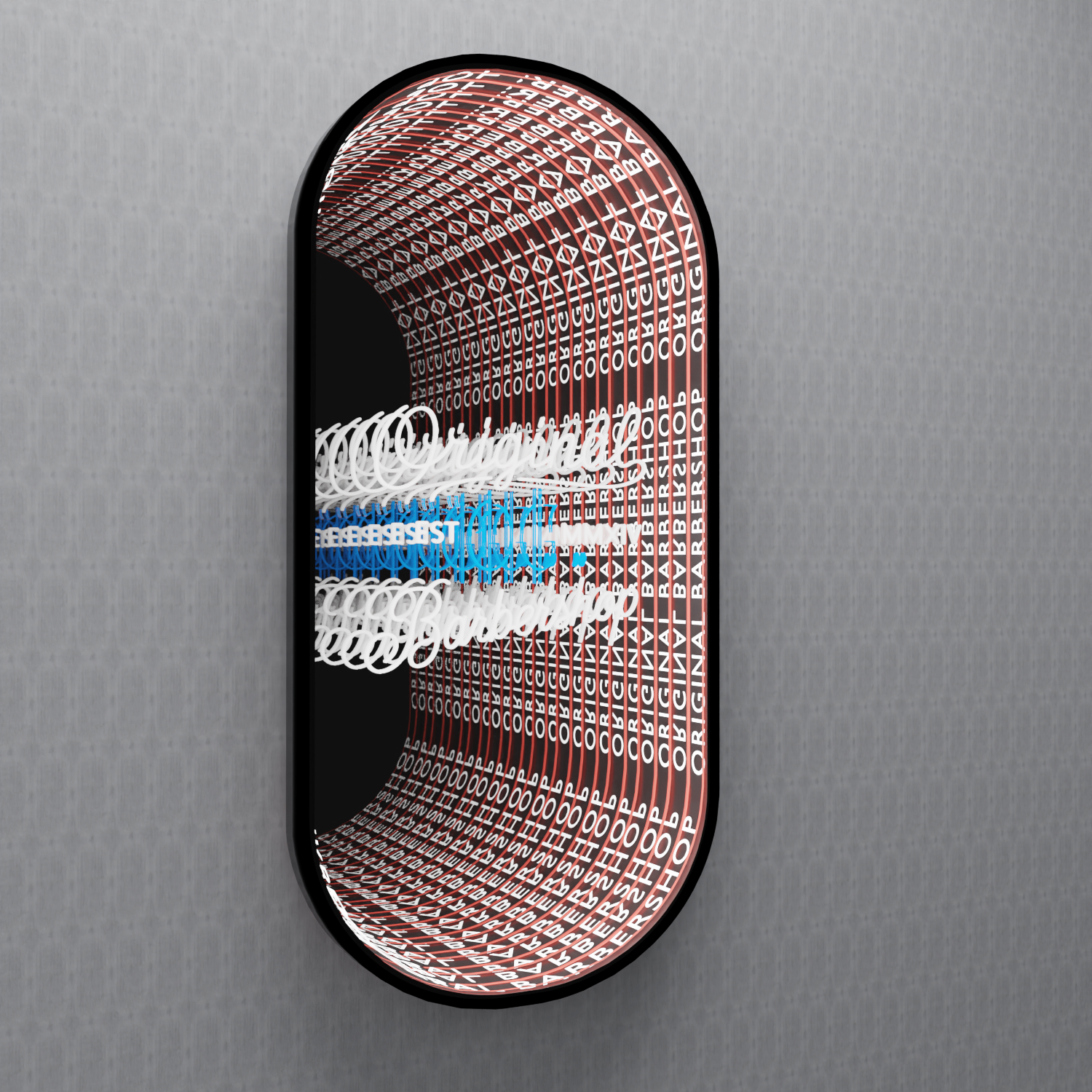 Custom Order: Capsule-shaped Infinity Mirror tunnel with white alphanumerics on red, blue text distorted in center.