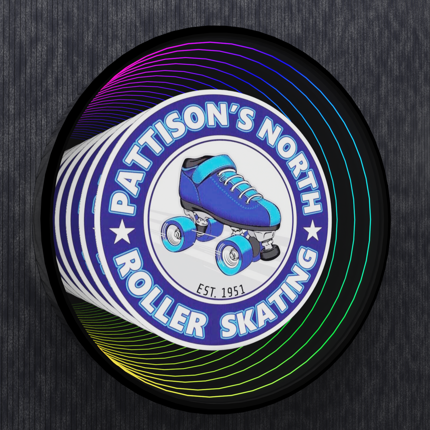 A circular logo with a blue roller skate and "Custom Order: Infinity Mirror" text, Pattison’s North Roller Skating Est. 1951.