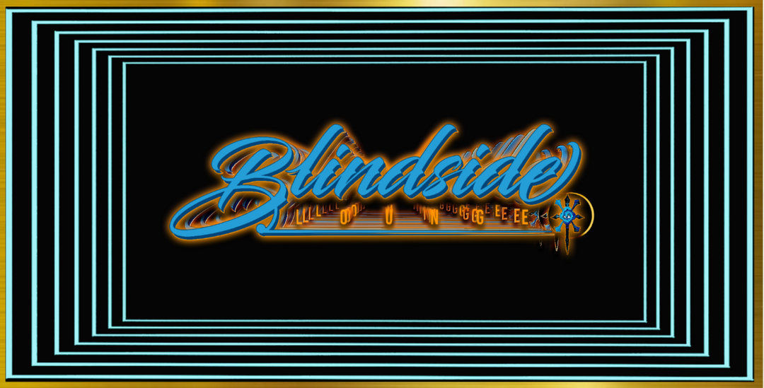 The Custom Order: (Copy) Blindside features stylized neon with blue and gold frames for a striking infinity mirror effect.