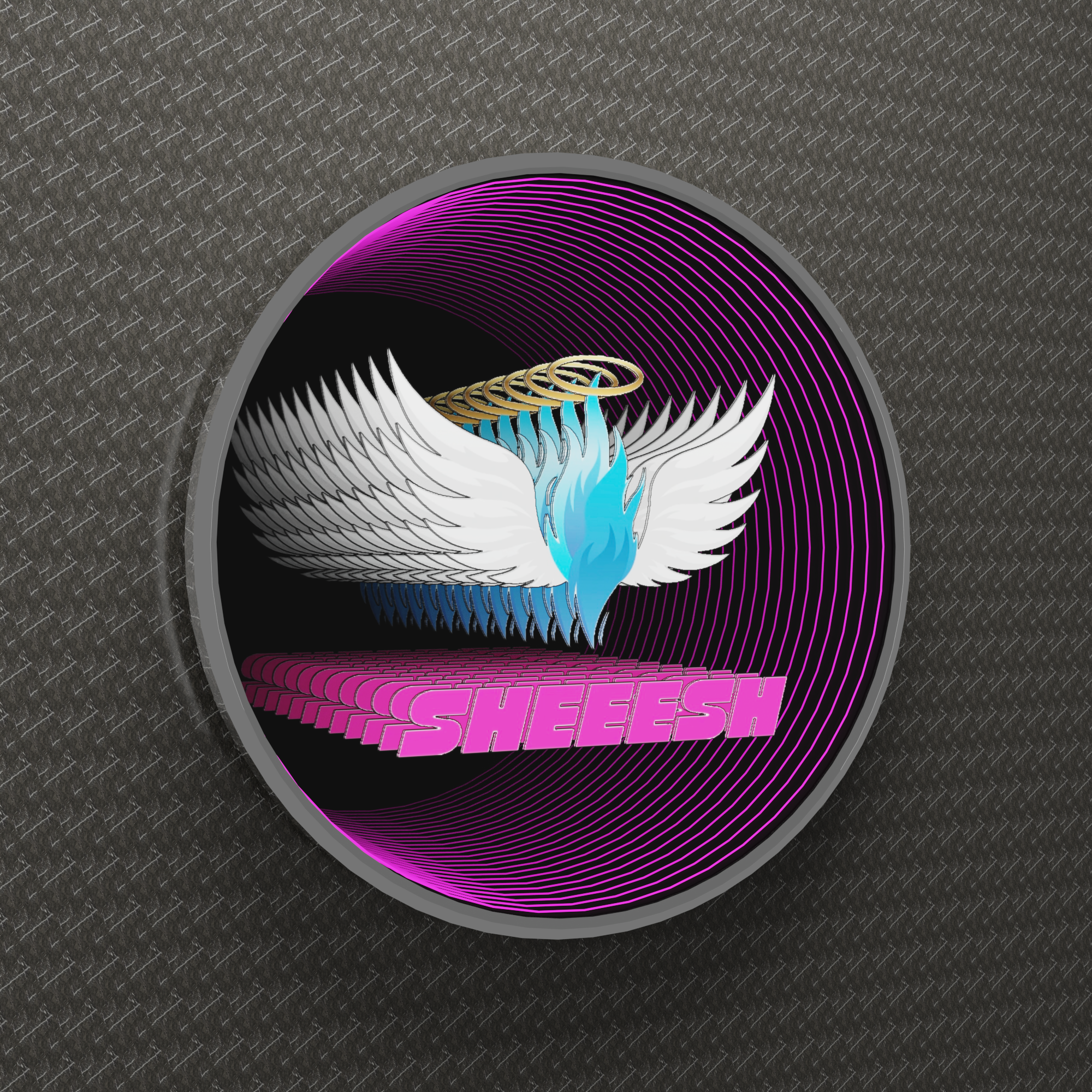 Custom Order: Blue and white winged LED Wall Art with halos, bold pink "SHEEESH" on a textured circular background.
