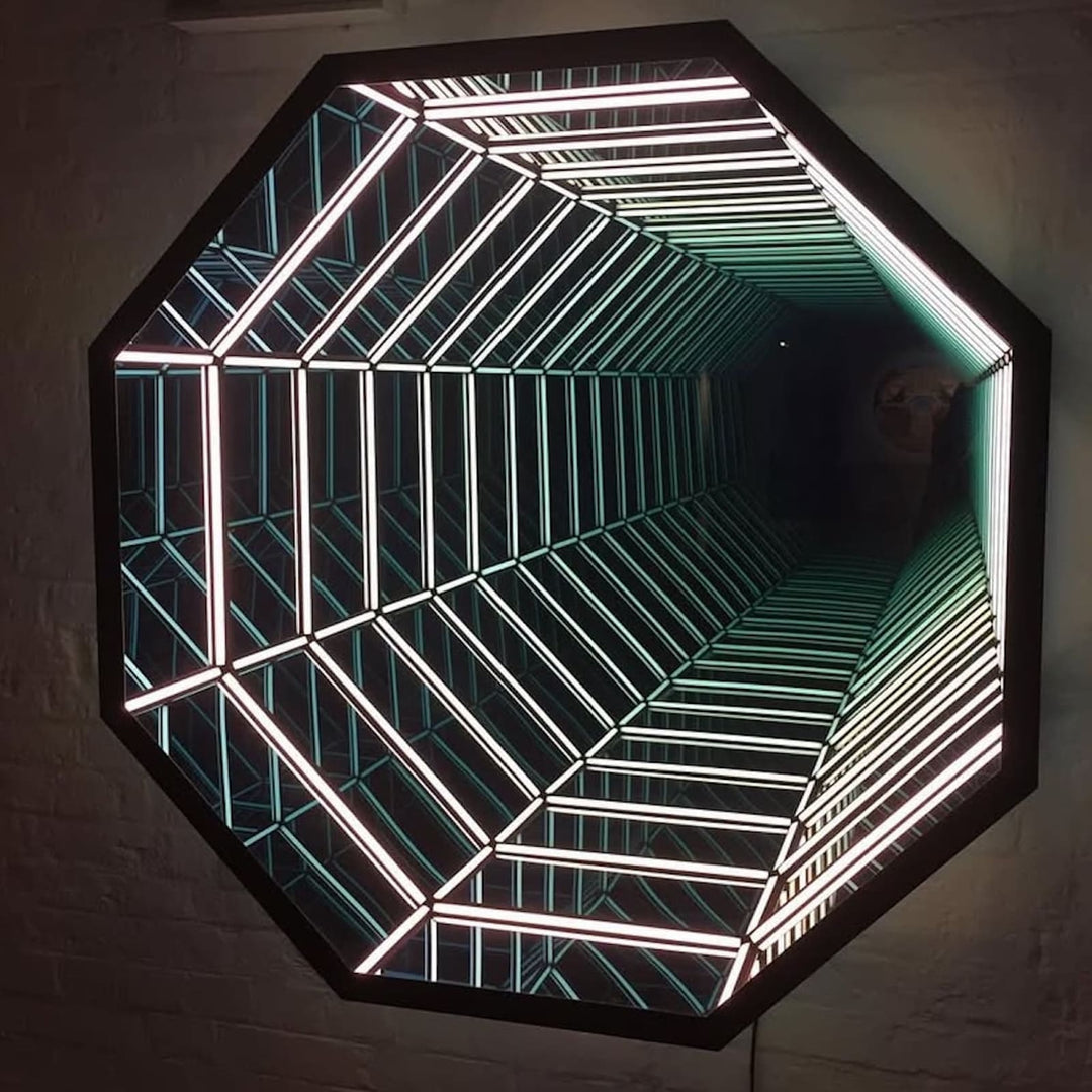 Octagon Infinity Mirror offers modern wall decor with an endless tunnel of LED light reflection.