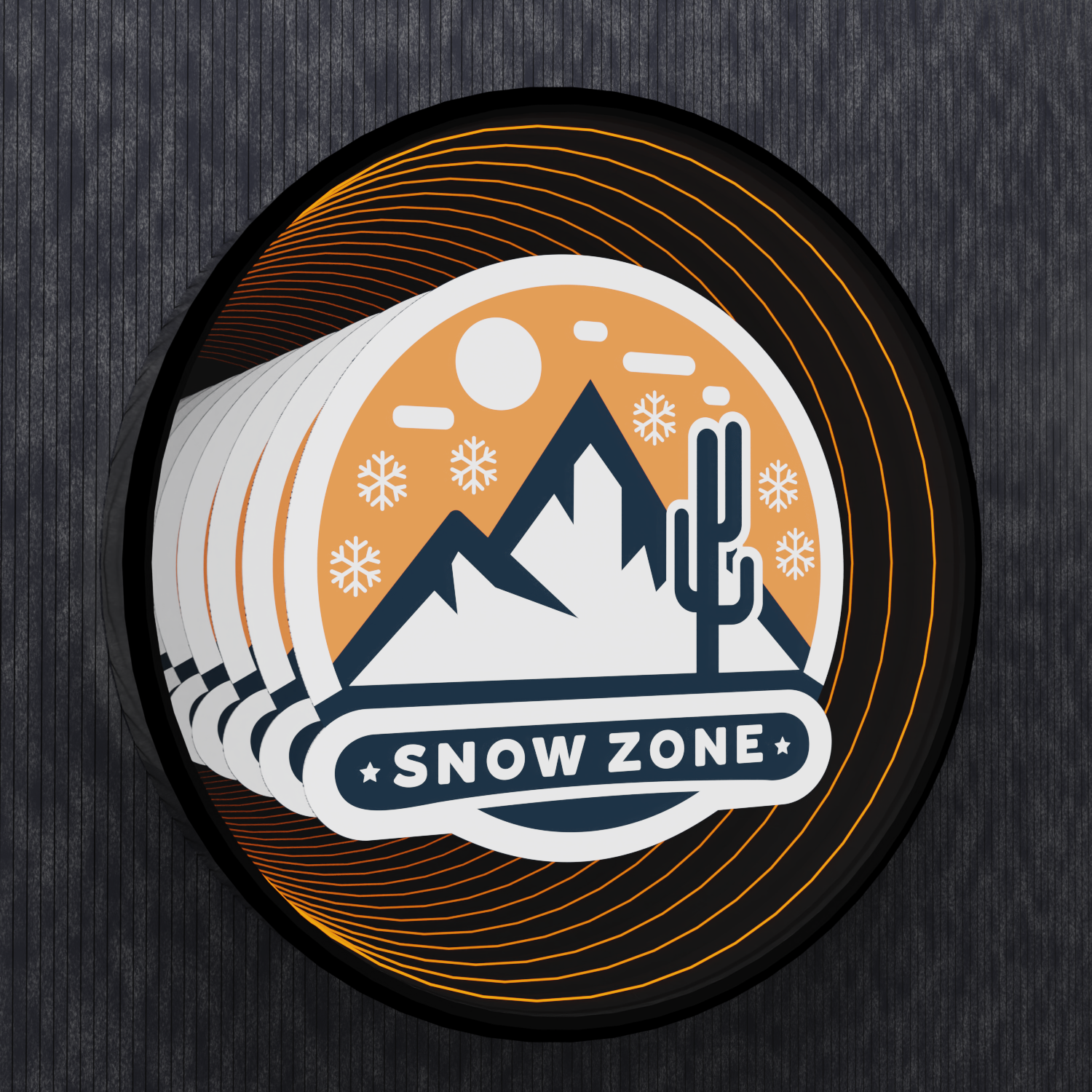 Custom Order: Round sticker with mountains, snowflakes, sun & cactus in an infinity mirror style labeled Snow Zone.