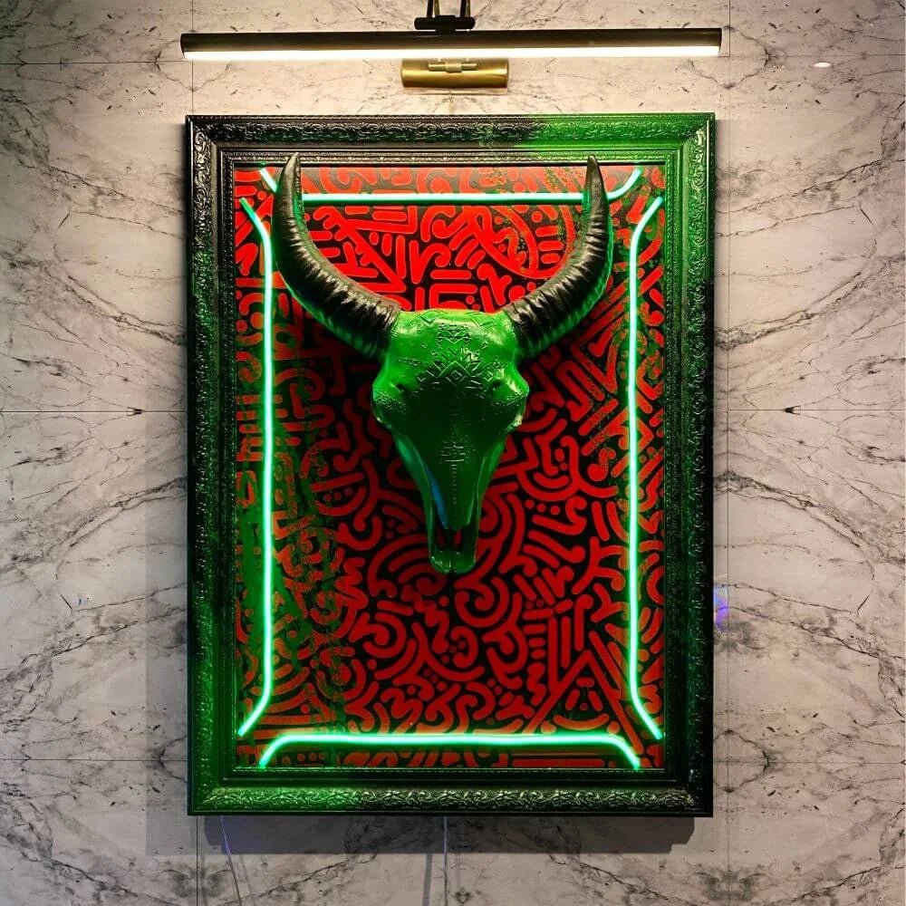 GREEN BULL SKELETON PAINTING ART - Maytrix