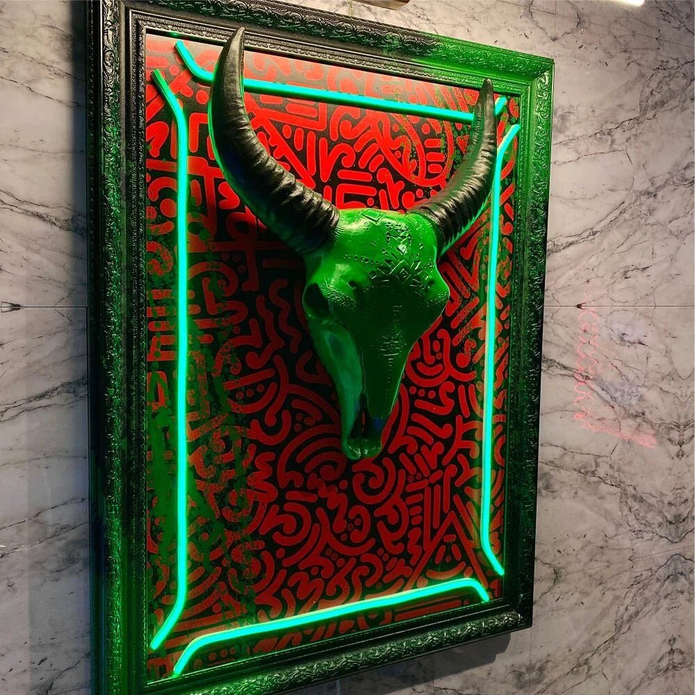 GREEN BULL SKELETON PAINTING ART - Maytrix