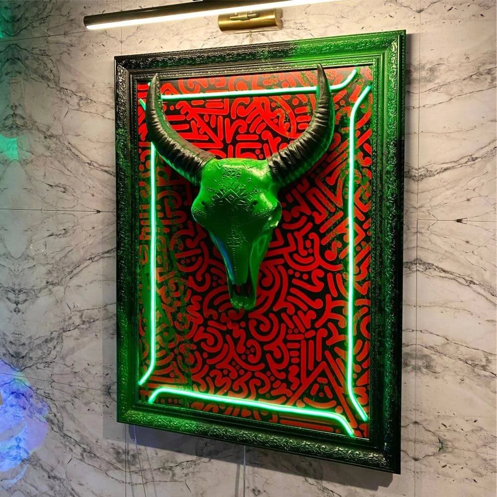 GREEN BULL SKELETON PAINTING ART - Maytrix