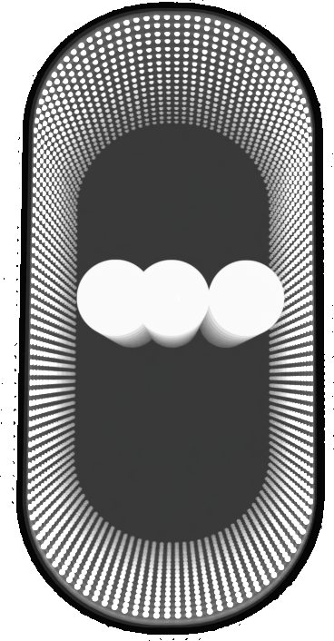 Three white spheres inside an oval with a dotted, radiating design create a Custom Order Infinity Mirror effect.