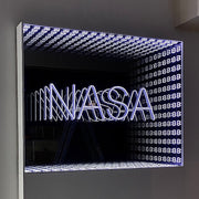 A Custom Logo Infinity Mirror displays a neon NASA sign with a geometric, illuminated pattern.