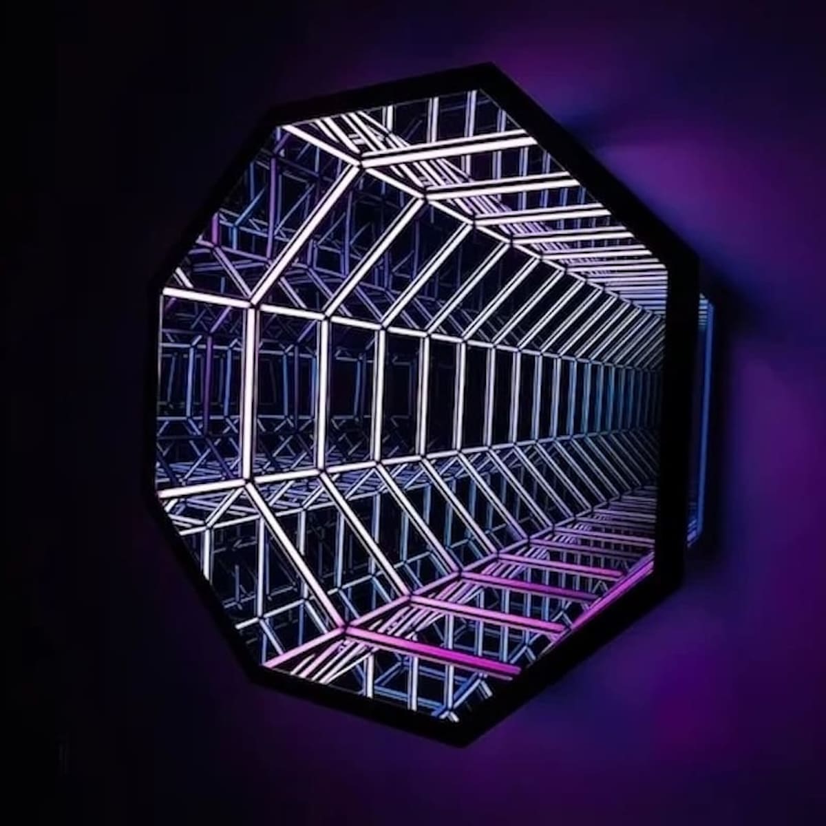 Octagon Infinity Mirror features purple and blue LEDs, adding a modern tunnel effect to any dark wall.