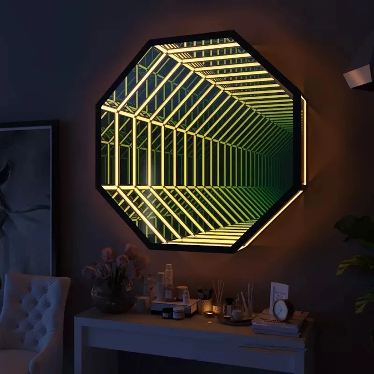 The Octagon Infinity Mirror creates a tunnel effect with LED wall decor above a vanity in a modern, dim room.