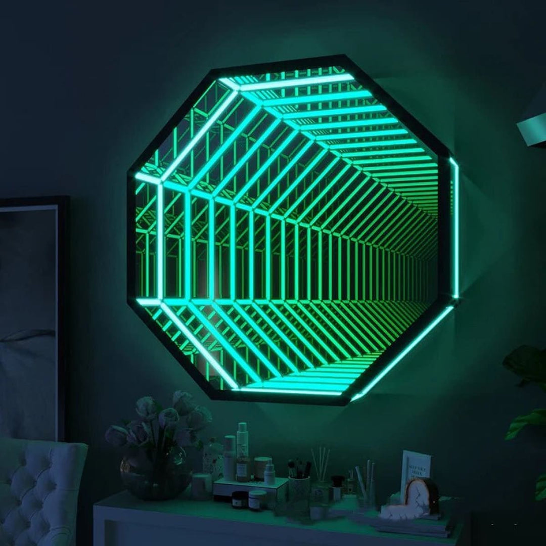 The Octagon Infinity Mirror with green LEDs adds modern wall art above a vanity table in a dimly lit room.