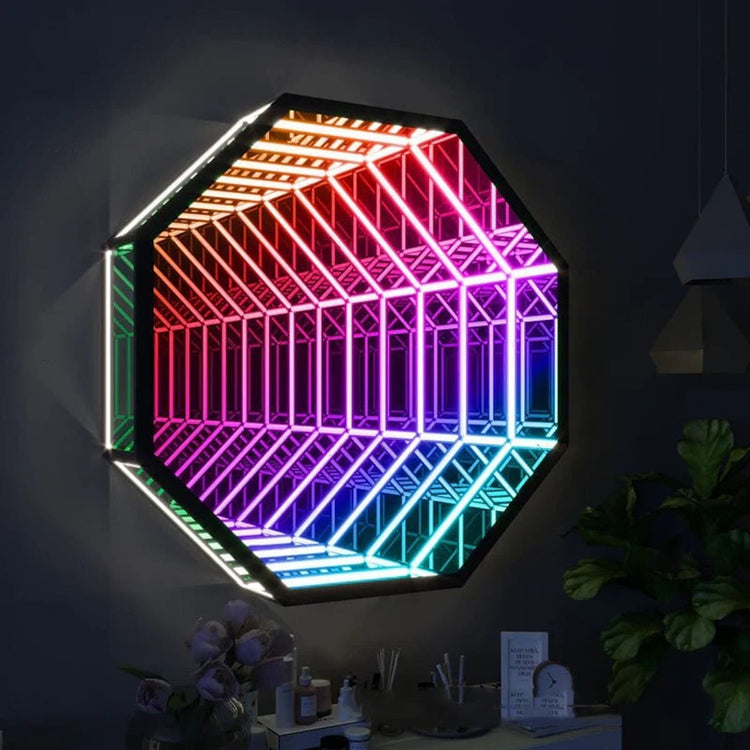 The Octagon Infinity Mirror features vibrant rainbow LED lights, ideal as modern wall art above a shelf.