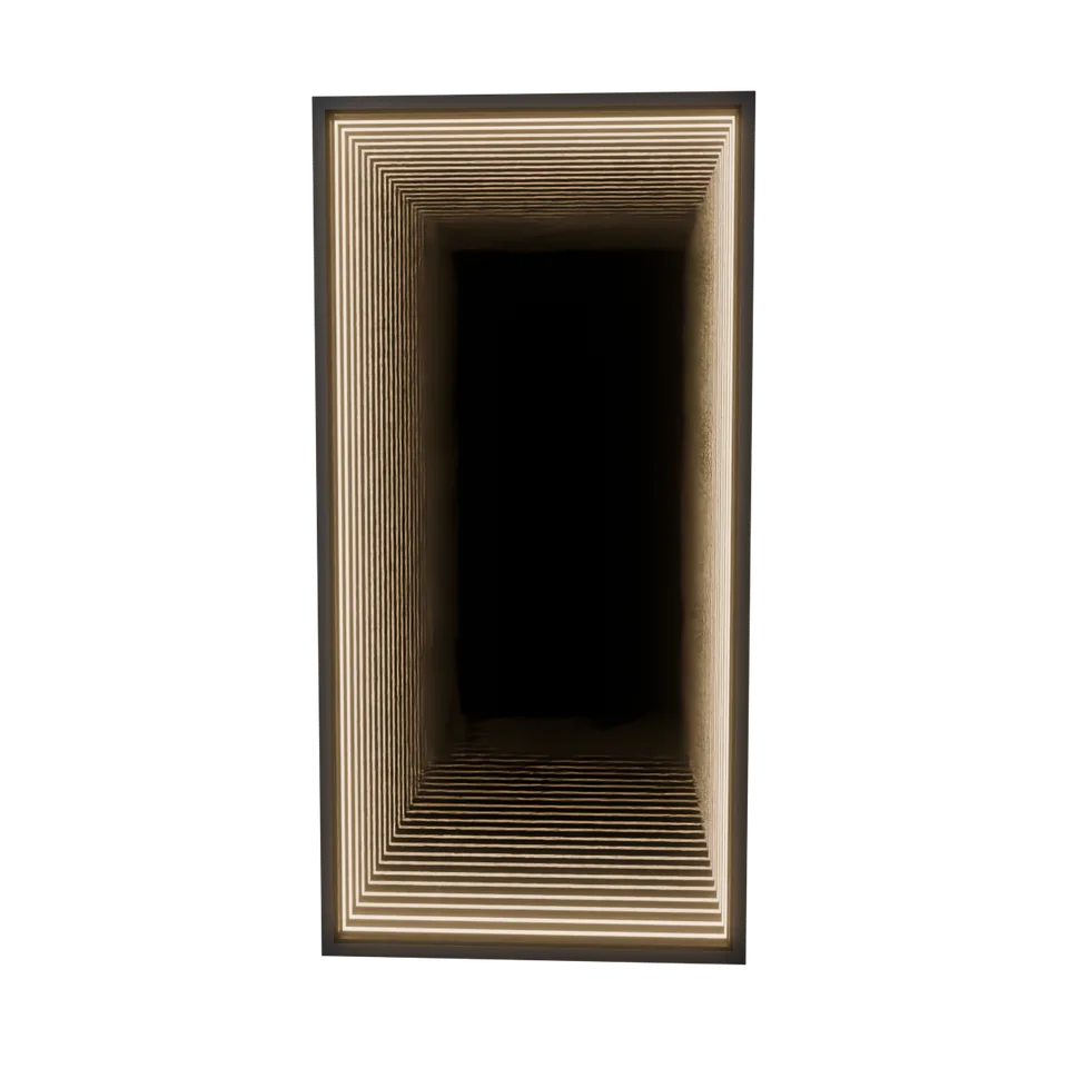 A warm-white Maytrix infinity mirror. Scrolling reveals its front two-way mirror, continuous light bars, rear mirror, backing and mounting structure.